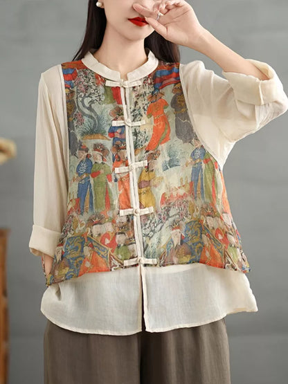 Zweiteiliges Set im chinesischen Stil: Stehkragenweste mit Stickerei und Patchwork-Bluse aus Ramie (angeblich zweiteilig)