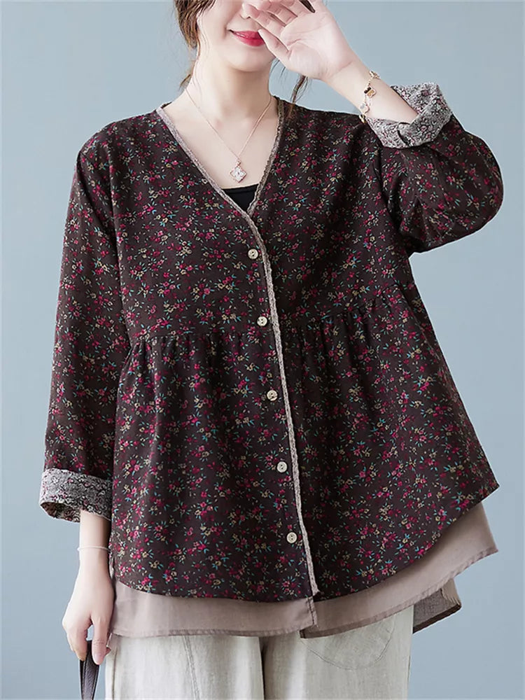 Blusa de algodón y lino con cuello en V, dos capas y estampado floral, talla grande para mujer