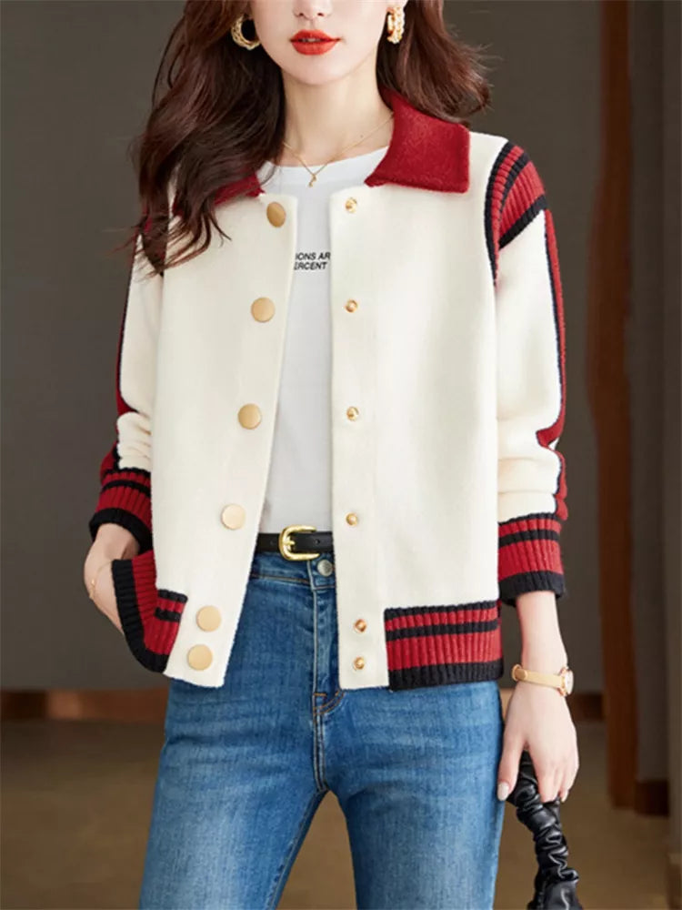 Chaqueta bomber roja de mezcla de lana con botones y cuello en contraste para mujer