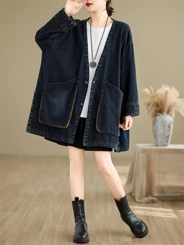 Abrigo vaquero vintage con cuello en V y bolsillos grandes para mujer