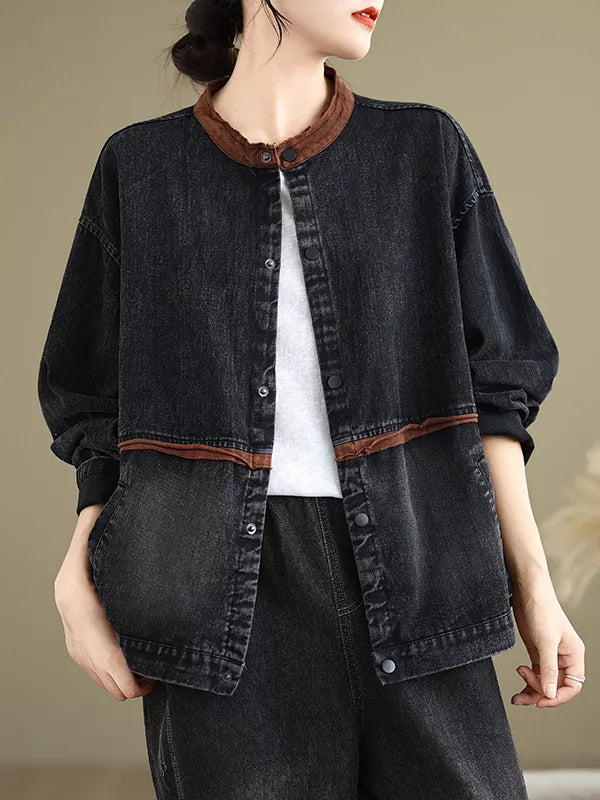 Chaqueta vaquera vintage azul de talla grande con botones y cuello alto para mujer