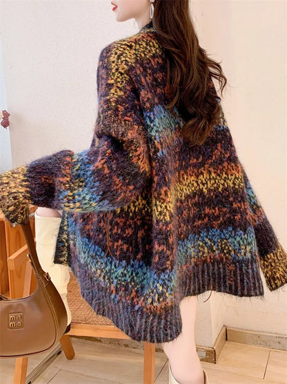 Women's Vintage Abstract Print Oversized Mohair Cardigan