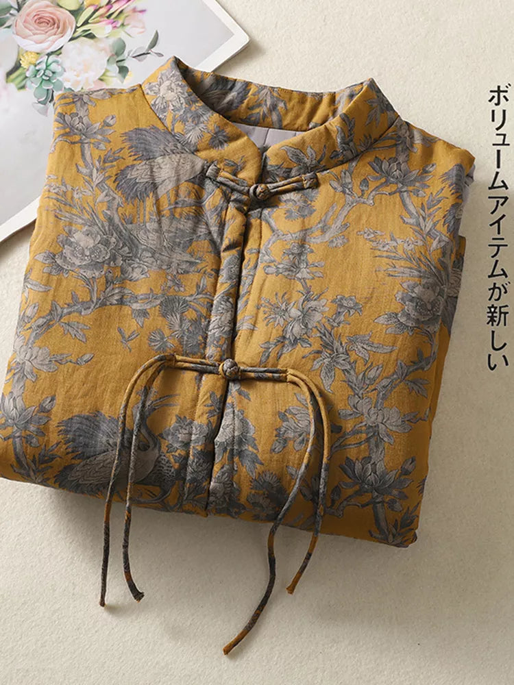 Gesteppte Weste im orientalischen Stil mit Blumenmuster - Zen-Baumwollweste mit Stehkragen