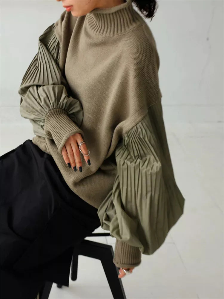 Suéter de cuello alto plisado con mangas farol para mujer - Jersey de punto de técnica mixta