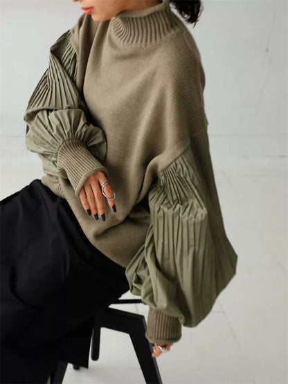 Suéter de cuello alto plisado con mangas farol para mujer - Jersey de punto de técnica mixta