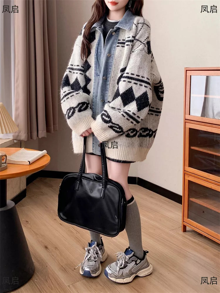 Women's Loose Plus Size Denim Patchwork Cardigan - Oversized Geometric Knit Jacket