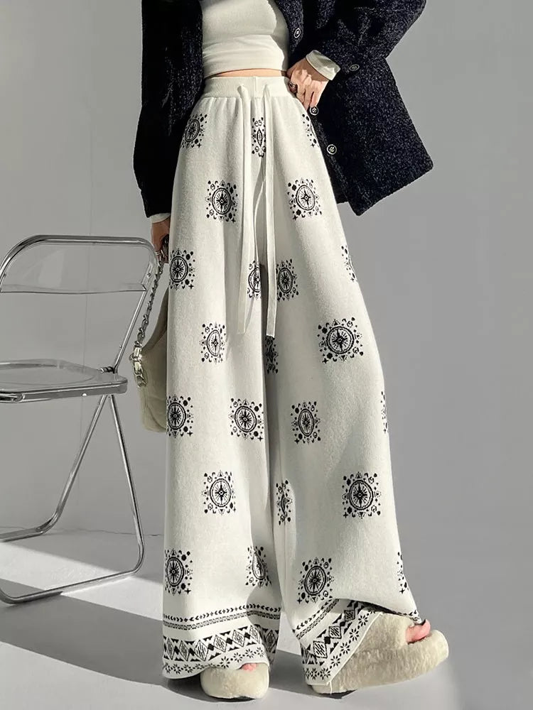Pantalones de punto con cordón y cintura alta para mujer - Pantalones casuales bohemios de pierna ancha