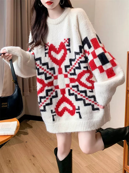 Suéter de punto grueso de jacquard de longitud media para mujer - Jersey de punto extragrande con estampado de corazones