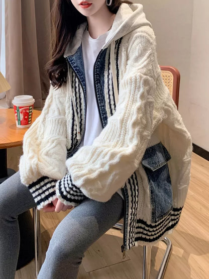 Cárdigan de punto trenzado con patchwork de mezclilla para mujer - Abrigo tipo suéter con capucha y cremallera