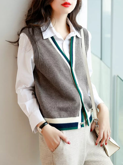 Chaleco de punto con cuello en V y botones para mujer - Cárdigan sin mangas con ribete de rayas estilo preppy