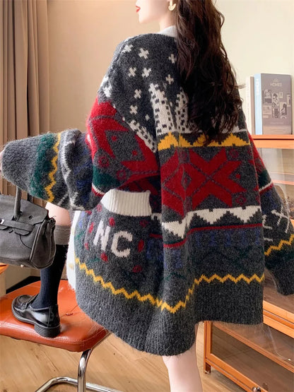 Cárdigan de punto geométrico de longitud media para mujer, talla grande - Abrigo tipo suéter extragrande estilo mohair