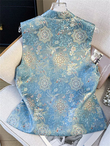Orientalische Jacquard-Weste für Damen - Blaue Weste mit Blumenbrokat und Stehkragen
