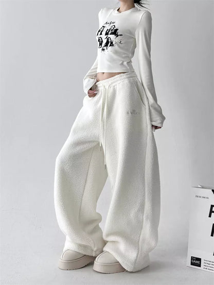 Pantalones anchos de sherpa sintética para mujer - Pantalones deportivos holgados y acogedores de felpa de peluche