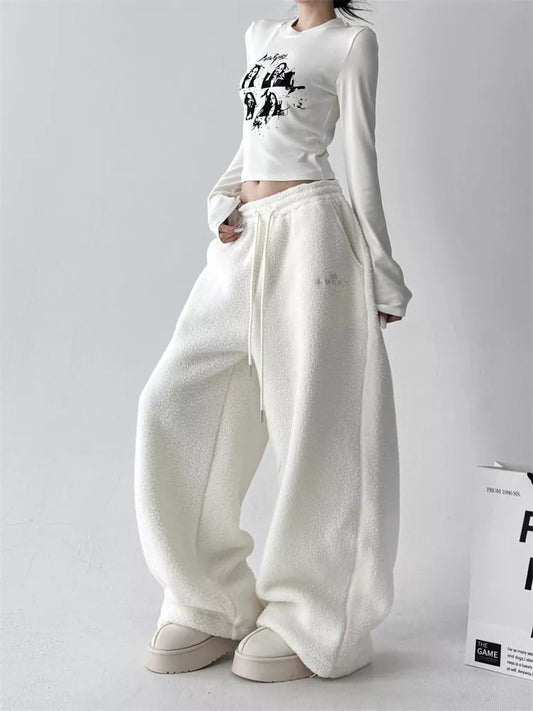 Pantalones anchos de sherpa sintética para mujer - Pantalones deportivos holgados y acogedores de felpa de peluche