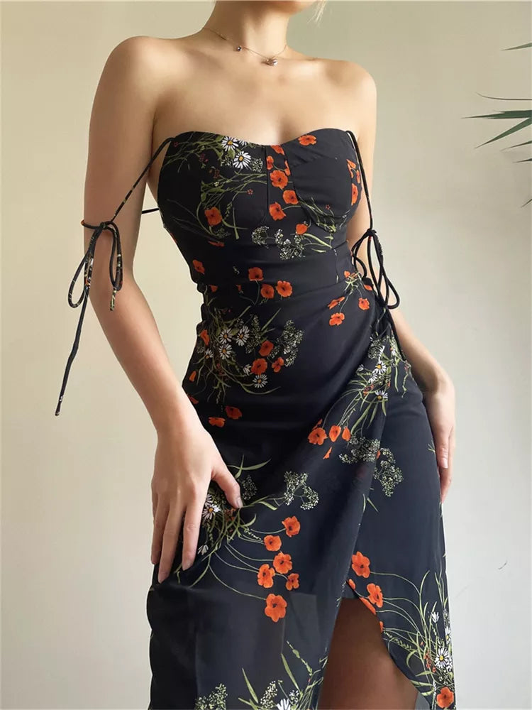 French Retro Floral Spaghetti-Strap Midi Dress for Women