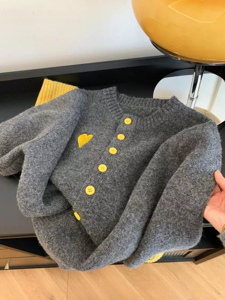 Women's Soft Contrast Color Block Knitted Cardigan with Heart Accent