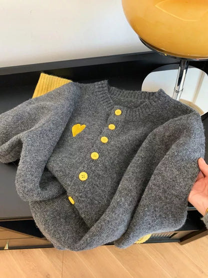 Women's Soft Contrast Color Block Knitted Cardigan with Heart Accent