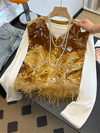 New Chinese Style Gold Velvet Sequin Embroidered Vest with Faux Feather Trim