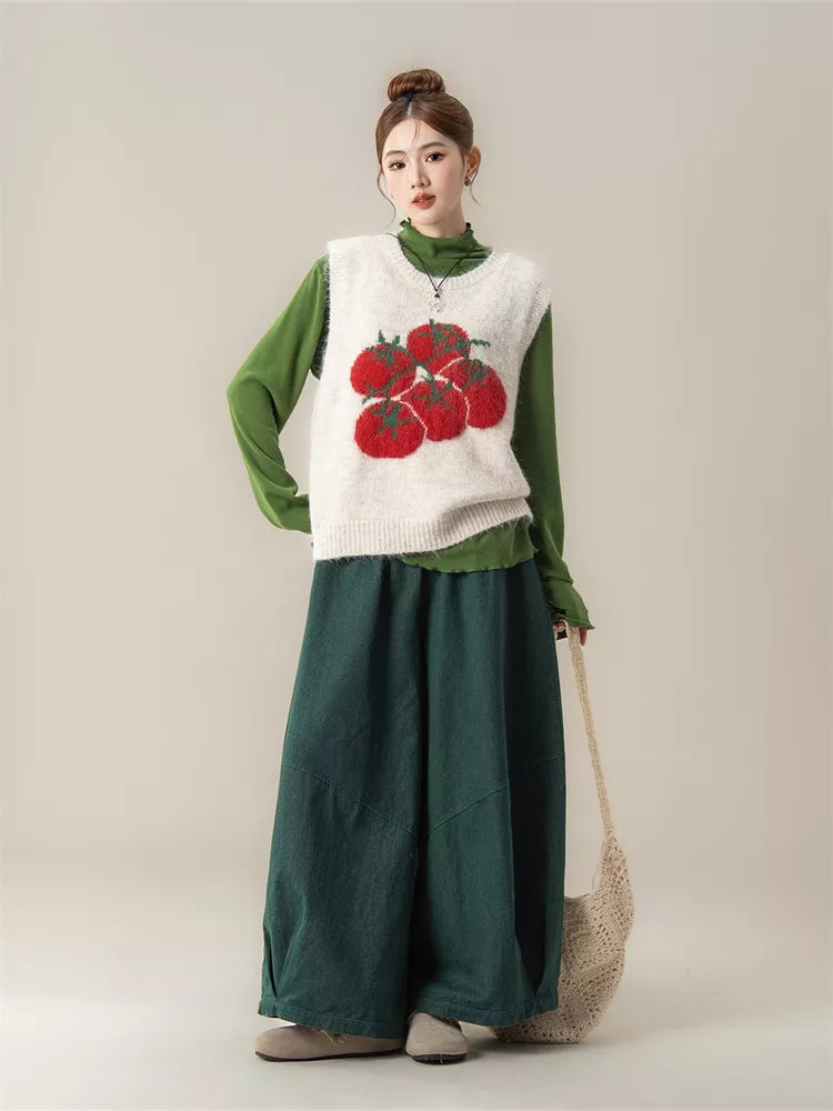Women's Cute Tomato Jacquard Soft Knitted Sweater Vest Korean Preppy Style