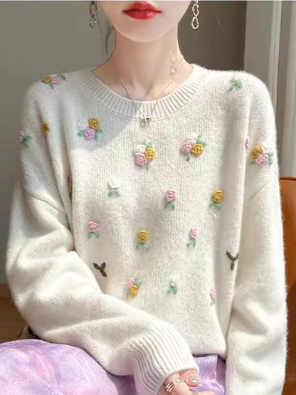 Women's Sweet 3D Floral Embroidered Soft Cream Knitted Sweater