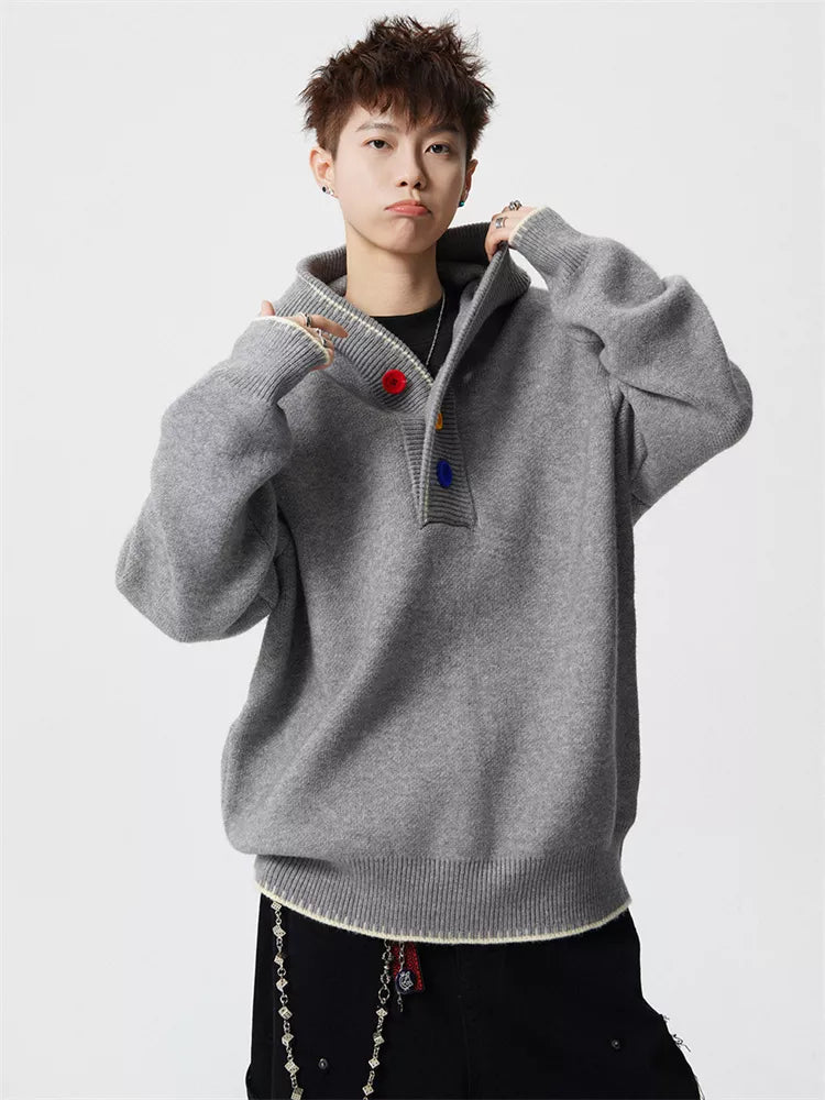 Men's American Retro Heavyweight Hooded Knit Sweater with Colorful Buttons