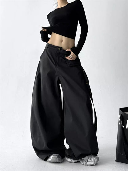 Black Classic High-Waist Wide-Leg Cargo Pants for Women