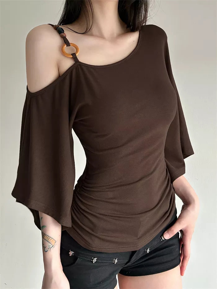 Women's Brown Asymmetric One-Shoulder Ruched Top with Ring Detail and Bell Sleeves