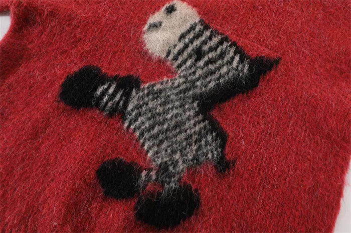 Women's Red Fuzzy Knit Sweater with Abstract Zebra Graphic