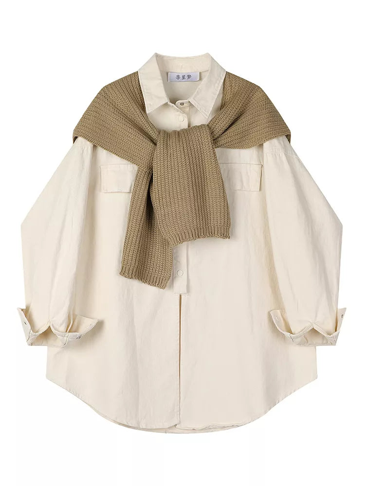 Women's Chic Cream Oversized Button-Down Shirt with Detachable Brown Knit Shawl Set