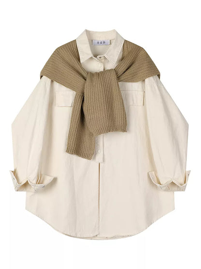 Women's Chic Cream Oversized Button-Down Shirt with Detachable Brown Knit Shawl Set