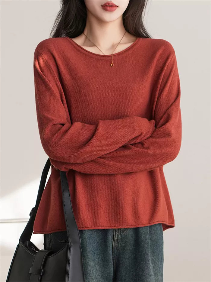 Women's Red Cotton Crew Neck Knit Pullover Sweater - Soft Long Sleeve Casual Top