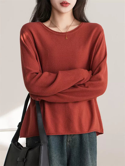 Women's Red Cotton Crew Neck Knit Pullover Sweater - Soft Long Sleeve Casual Top