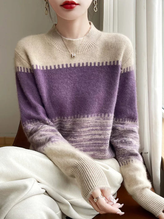 Women's Purple Color Block Striped Soft Knitted Sweater Crew Neck Pullover
