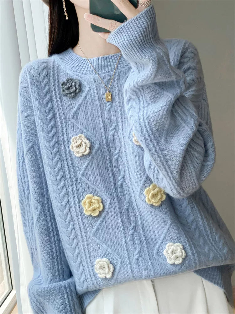 Handcrafted Blue Embroidered Pure Wool Sweater for Women