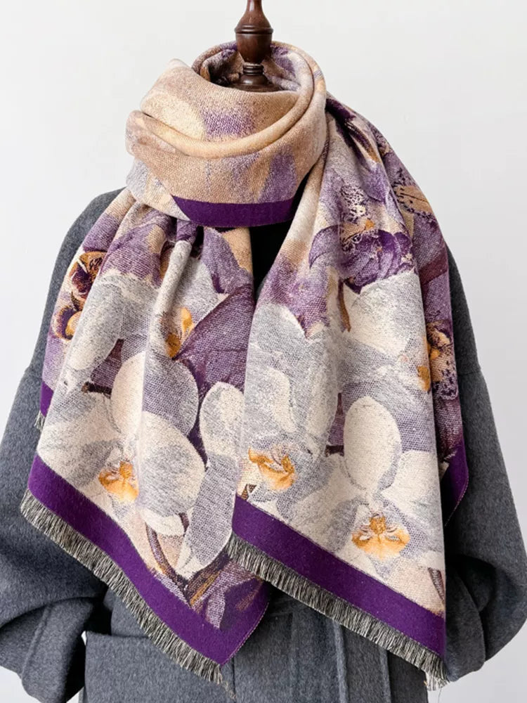 Women's Vintage Purple Floral Jacquard Elegant Double-Sided Cashmere-Feel Shawl Wrap