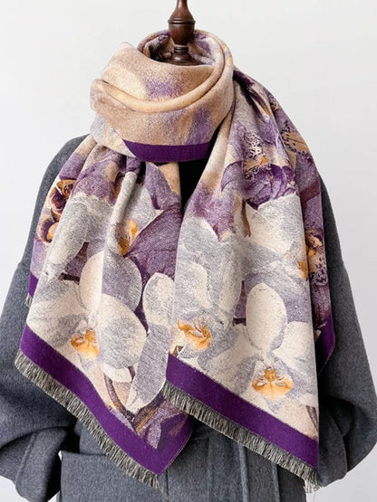 Women's Vintage Purple Floral Jacquard Elegant Double-Sided Cashmere-Feel Shawl Wrap