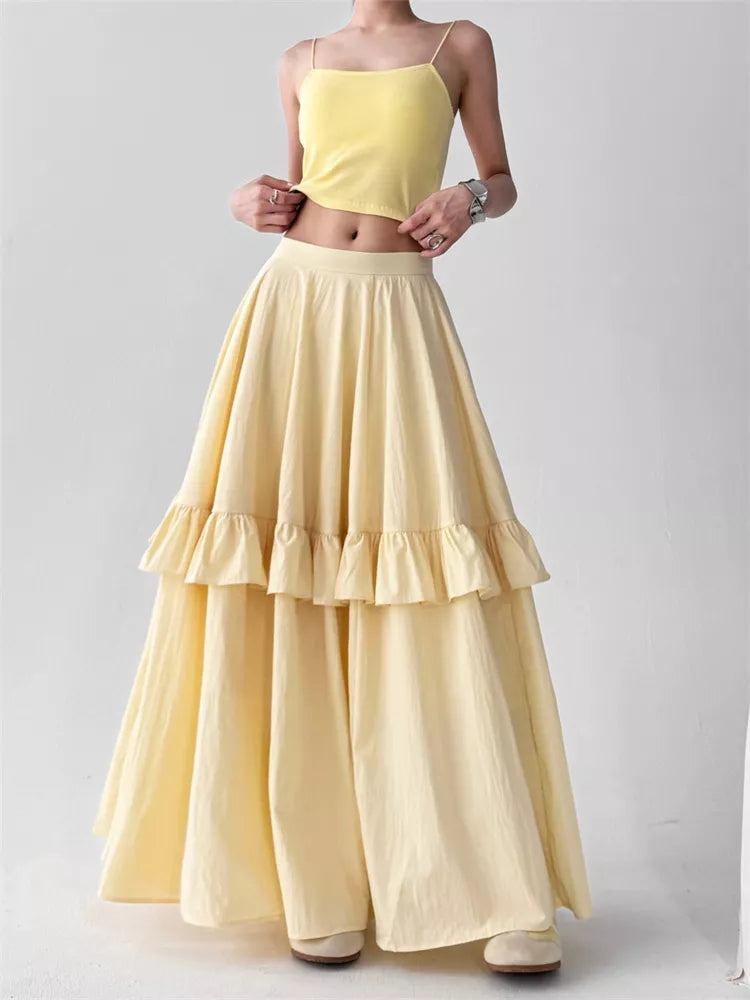 Women's Butter Yellow High-Waisted Tiered Ruffle Maxi Skirt Boho A-Line Long Cake Skirt