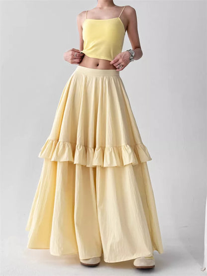 Women's Butter Yellow High-Waisted Tiered Ruffle Maxi Skirt Boho A-Line Long Cake Skirt