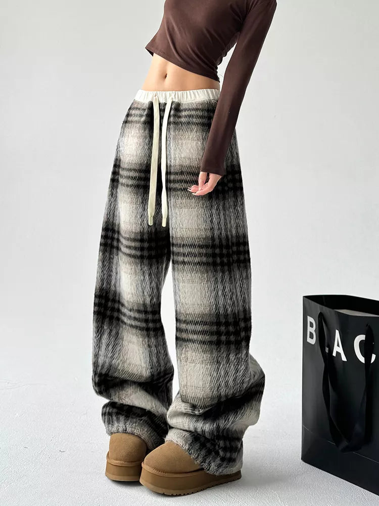 Women's Coffee High-Waisted Plaid Drawstring Woolen Wide Leg Pants