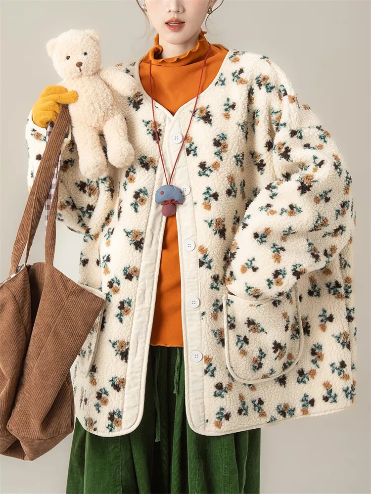 Women's Vintage Apricot Floral Faux Sherpa Button Down Cardigan Coat