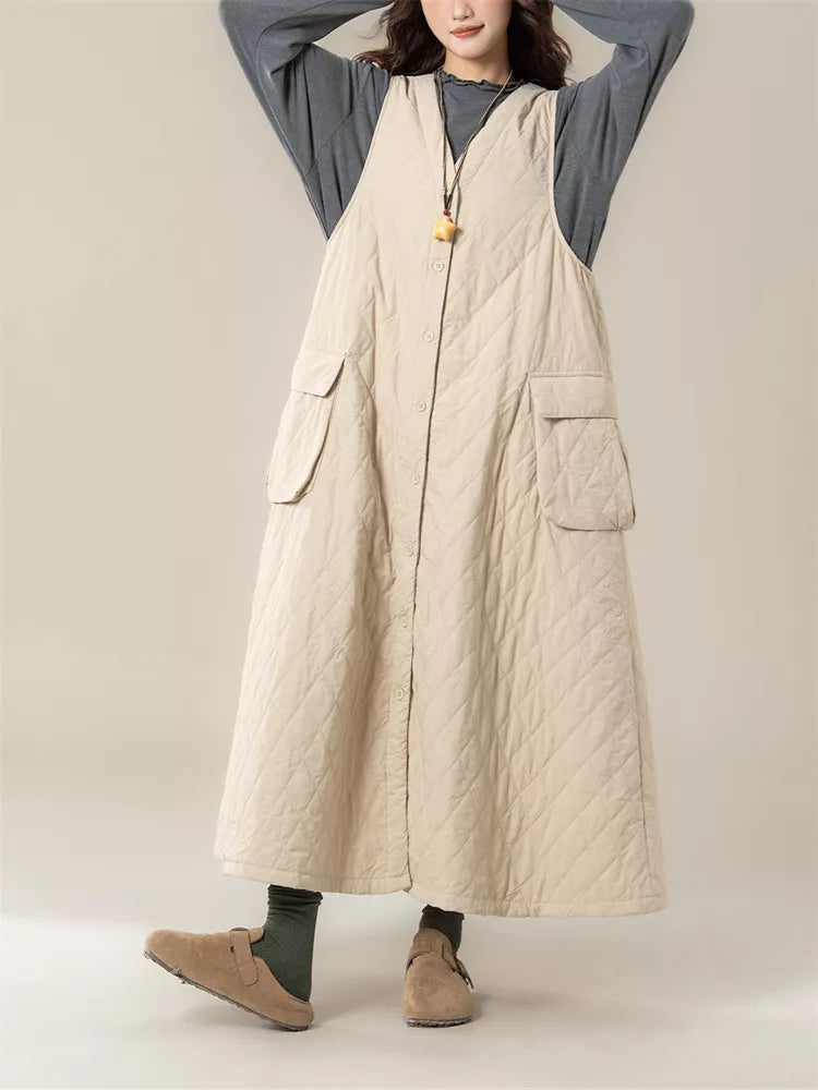Women's Vintage Beige Diamond Quilted Vest Dress V-Neck Sleeveless Padded Pinafore