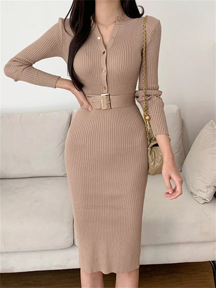 Women's Grey Ribbed Bodycon Long Sleeve Button Down Sweater Dress with Belt