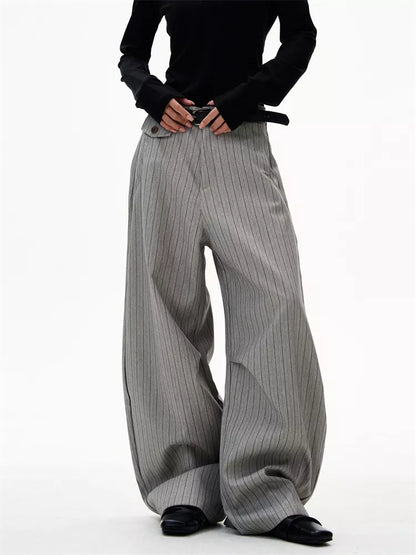 Women's American Retro Grey Pinstripe Curved Leg Loose Suit Pants