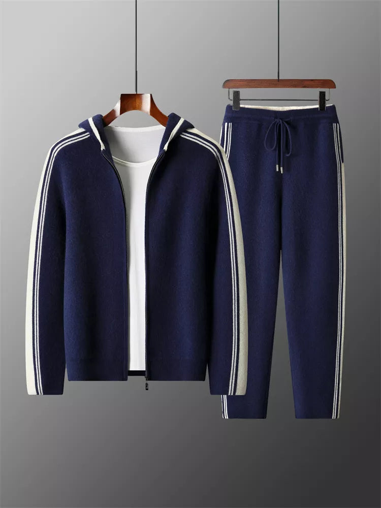 Men's Premium Pure Wool Knitted Tracksuit Set 2-Piece Striped Zip-Up Hoodie & Joggers