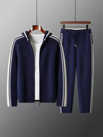 Men's Premium Pure Wool Knitted Tracksuit Set 2-Piece Striped Zip-Up Hoodie & Joggers