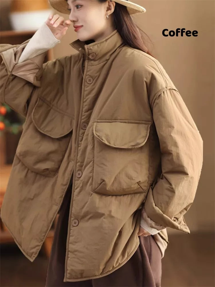 Women's Oversized Cargo Padded Jacket Stand Collar Windproof with Large Pockets