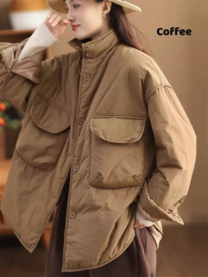 Women's Oversized Cargo Padded Jacket Stand Collar Windproof with Large Pockets