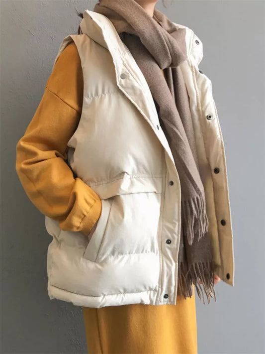 Women's Cream Beige Puffer Vest with Drawstring Waist Stand Collar
