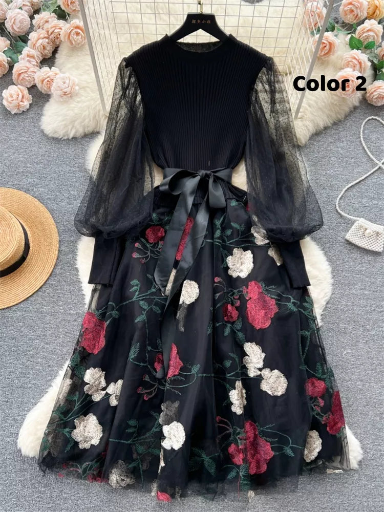 Elegant French Style Knitted Spliced Floral Mesh Dress