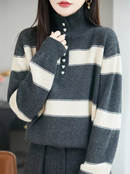 Women's Vintage Grey & Orange Striped Mock Neck Half-Button Sweater